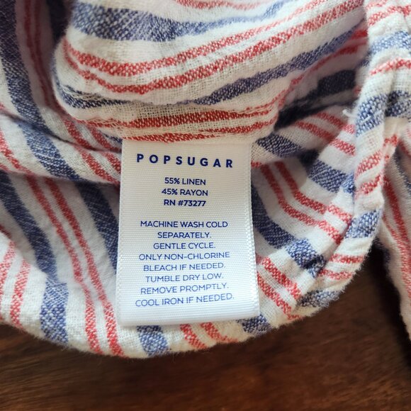 Red White @ Blue Pop Sugar Striped Button Down Shirt, Small Linen Rayon Tie-up - Picture 4 of 6